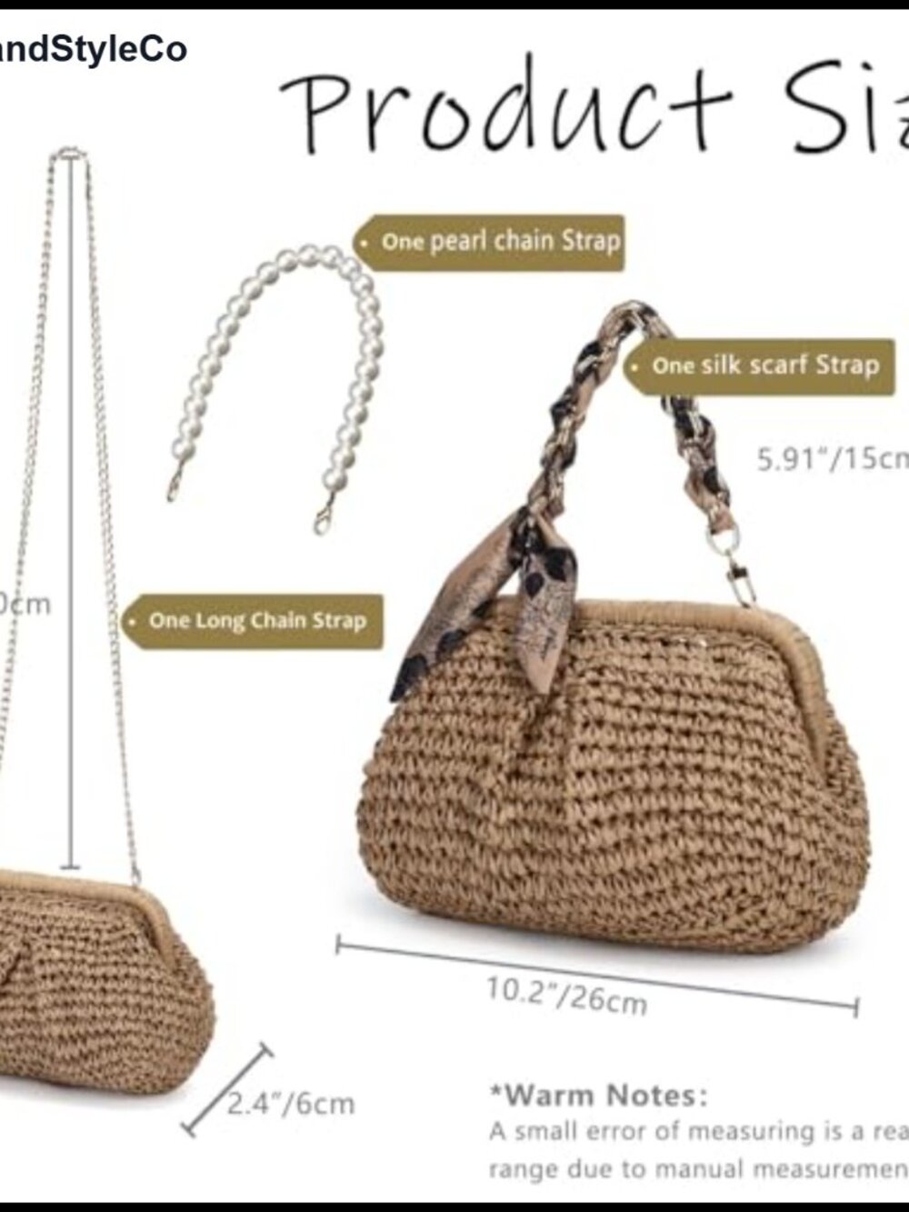 Straw Dumpling Clutch Crossbody Bag with Pearl Chain and Silk Scarf Chain - Picture 2 of 6